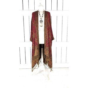 Burgundy paisley floral woven silk pashmina fringe kimono cover up/border cardig